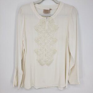 Rungolee Embellished Floral Applique Silk Blouse Top S Womens Long‎ Sleeve Cream